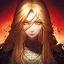 Placeholder: Goodness, Golden hair, Blood splatter, female, portrait, max detail, hd, Long hair, dark souls style, detailed eyes, eye color blue