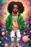 Placeholder: Create an colorful psychedelic comic book illustration of a chibi cartoon black female thick curvy wearing a cut of green and peach hoodie and white jeans and timberland boots. Prominent make up with long lashes and hazel eyes. Highly detailed shiny sister locs. Background of a large bubbles all around her