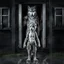 Placeholder: a short, thin very sad young gray hairbody anthropomorphic wolf female and wears a little with cloth around the waist stands in front of the camera in rain, an strong anthropomorphic wolf man stands behind the door in a wooden house, dark deep colors, sharp focus, rainy day, high contrast, high detail, atmospheric, dark fantasy, sci-fi