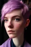 Placeholder: A young woman with lavender skin, purple eyes, pink hair in a pixie cut with pink freckles.