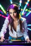 Placeholder: Photograph super model pretty girl with headphones playing music on a turntable, dj rave party disco club