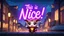 Placeholder: a cute magical creature holding a purple neon sign that says "This is nice!", cinematic, a city in the background