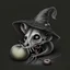 Placeholder: Realistic drawing of a Rat Skull with a Witch hat, Skull has ghost eyes and is eating from a poison apple.