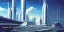 Placeholder: Spaceport on a heavy industrialized planet with futuristic high rise buildings with glass facades in the background and a docked spaceship in the foreground, retrofuturistic, art by John Berkey, brutalist architecture, insanely detailed, vibrant, 8k uhd, cinematic atmosphere, ultra-wide angle, street level view, brush strokes, blue sky with clouds, sharp focus