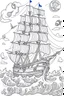 Placeholder: Create an exhilarating coloring page inspired by the Pirates of the Caribbean movie, featuring a majestic pirate ship sailing through rough seas. Challenge young artists to add their creative touch to billowing sails, the iconic Jolly Roger flag, and crashing waves. This black-and-white coloring adventure invites kids to embark on an exciting journey as they bring this thrilling pirate ship scene to life on paper.