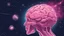 Placeholder: Comic style, bare transparent pink human brain flying trough the universe, background galaxy's