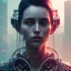 Placeholder: molly millions, closeup portrait of a young beautiful cyberpunk woman, mirror eye implants, black hair in a rough bun, sunset, neuromancer, street samurai, cyberpunk city background, megacity, gorgeous view, depth, painted by seb mckinnon, high detail, digital art, painted by greg rutkowski, trending on artstation