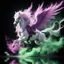 Placeholder: Anime conceptual art of a white pink purple realistic horse ascending into the sky. it has wings creating green powder paint encircling him. surrounding is black reflection, realistic, detailed / HD quality --v 6.0, Canon EOS R5, edge lighting, cinematic lighting, translucency, extrusion and gradient value change, specular darkening and contrast, strong occlusion of the surrounding overlay, depth parallax, photorealistic, 4K , 3D