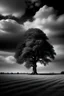 Placeholder: conceptual photo, art photo, illusion, fine art, death, dark cloudy sky, surrealism, black and white, far away view of a chestnut tree, that tree looks very small