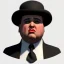 Placeholder: A 1930s Italian-American businessman with a black bowler hat and a suit. He is obese and sad