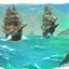 Placeholder: Two pirate ships fight each other at sea. Firing cannons.