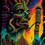 Placeholder: Mayan Death Whistle calling the ancient Mayan gods, expansive psychedelic hellish panorama, (no text) movie Poster art, color waterolor and pen illustration, sinister, concept art, oddball masterpiece, complex contrast, dynamic composition, rule of thirds, by Michael Whelan