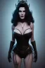 Placeholder: Amy Dumas as evil queen in black leather, leather, busty, cleavage, angry, rage, stern look. character design by cory loftis, fenghua zhong, ryohei hase, ismail inceoglu and ruan jia. unreal engine 5, artistic lighting, highly detailed, photorealistic, fantasy