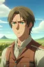 Placeholder: Attack on Titan screencap of a male with wavy brown hair and brown eyes. Beautiful background scenery of a flower field behind her. With studio art screencap.