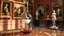 Placeholder: a pretty glass wine jar with beautiful minature glass shapes on out side and some glass hlalf sphere on it with a lady ballerina inside in pretty standing ballet pose on a table in a art gallery with famouse paintings and statues