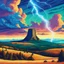 Placeholder: beautiful vibrant natural colors, landscape of Devils Tower National Monument, pop art, clouds, storm, lightening , mountains, poster, Colorado