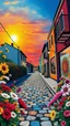 Placeholder: "Midnight Serenade unique" low view angle shot down sunset large close up a beautiful street with colorful wild flowers on both sides , granite terrazzo motifs with puzzle modern , clothing is decorated with colorful filigree abstract, Collage chutes papiers magazines,Spirograph background by Nisa Kiley, Textile Artist،