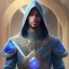 Placeholder: handsome hooded male mage with steel blue floral and botanical mage outfit details, sharp eyes, mixed gemstones, magic, intricate, high details