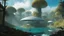 Placeholder: futuristic builds and trees, lake, Roger Dean-style
