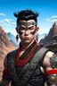 Placeholder: Photograph front profile of a handsome man in a fighting stand with an enemy, mountain views, facing frontal, with very detailed red machine components, one camera lens eye and shiny black hair, hazel green eyes, dramatic male traditional kabuki makeup, tribal tattoos on skins, ornate, intricate, complex,, highly detailed, digital painting, smooth , art by tom bagshaw, akihiko yoshida. highly detailed, realistic.