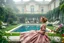 Placeholder: a luxury villa yard with pool in center and pretty plants trees flowers, morning mist, lost paradise atmosphere,a pretty model lady in victorian clothing resting in a comfort far in villa yard in flowers .
