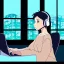 Placeholder: a side view of a beautiful girl sitting on her desktop writing something, headphones on, hand on her chin, nightlamp, digital art, anime, studio ghibli style, window and city background, portrait