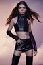 Placeholder: 4K Ultra-HD -- Hailee Steinfeld wearing a black leather jacket and a purple halter top --4k Ultra-HD--Hyper realistic--Cinema lighting