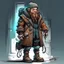 Placeholder: street cyperpunk dwarf with cybernetic legs, dressed with a coat and beanie