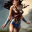 Placeholder: Wonder woman fighting a giant insect, futuristic design, a paradise in background, close-up face, geometric armor, female face, 3d unreal engine, black face, close up armor, church detail, lovely face