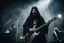 Placeholder: jeptiška hraje na pódiu v blackmetalové kapale na baskytaru a řve do mikrofonu, ponurá atmosféra, veliká scéna koncertu, pentagram, obrácený kříž, veliký kontrast, hodně detailů, fotorealistické, RAW