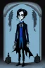 Placeholder: black haired blue eyed young man necromancer wizard with gothic jewelry in the style of charles addams