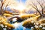 Placeholder: magic garden with white Snowdrops, white, or gold light effects colors, sun, realistic, blooming trees in springtime, willow, bridge, pond, wood, white mountains, highly detailed, high contrast, 8k, high definition, concept art, sharp focus