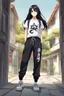 Placeholder: attractive anime woman with black long hair, t-shirt and sweatpants, full body in frame,