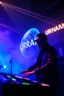 Placeholder: French cool synth player, he is called "Jean-Maurice Brûlée" performing at dance club, his name is "Jean-Maurice Brûlée" , white and blue Neon lights and smog, an earth is projected in background, and "URANIUM" big sign on the wall, he is playing on synthesizers on stage with lot of laser beams and wearing black sunglasses,