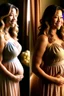 Placeholder: Gina Rodriguez mid-transformation, hair shifts to blonde curls, maternity dress adjusts, tightens around waist and hips, subtle pregnancy bump emerges, facial features refine, evolving into a radiant appearance. Maternity dress now conforms more gracefully, hinting at the emerging curves, waist, and pregnant silhouette. The changing room, softly illuminated, mystical symbols enhancing the ambiance, capturing the enchantment as Gina undergoes the magical journey at "The Mystic Emporium."