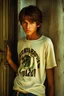 Placeholder: 15 year old young boy with lightly tanned skin and brown hair wearing a teeshirt, standing by a door, fantasy