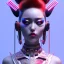 Placeholder: Cyber teenager, color makeup, red hair, rounded face, geisha style hair, white skin, pattern dress, velvet, vibrant color, cyberpunk style, highly detailed, art stations, concept art, smooth, unreal engine 5, god rays, ray tracing, RTX, lumen lighting, ultra detail, volumetric lighting, 3d, finely drawn, high definition, high resolution, gradient background