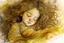 Placeholder: Small girl with long curly brown hair sleeping in god's hand (a big, clear hand) watercolor and ink, golden patina, glitters in ochre, backlit, mist and fog