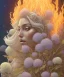 Placeholder: white hydrangea flowers, mandrake roots, mandrake root hands, platinum blonde woman on fire, psychedelic, intricate, elegant, highly detailed, background fire sky, digital painting, artstation, concept art, smooth, sharp focus, illustration, head shot, close up, art by artgerm and greg rutkowski and alphonse mucha, symmetrical eyes, perfect eyes, blue eyes, staring at camera, eye contact