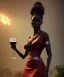 Placeholder: Negra Francisca, beautiful, curvy body, African slave, simple red fabric dress, long black hair, red headband, head and shoulders portrait, holding glass of wine, 8k resolution concept art portrait by Greg Rutkowski, Unreal Engine 5 volumetric lighting