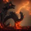 Placeholder: Cerberus, character-design, fire pouring from each mouth, full body, fiery dark skies in the underworld with Hades in the background, 8k, highly detailed, hyperreal, octane render, hdr, dark, sparkling lights, mysterious, surrealism, campbell white, 8K