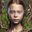 Placeholder:  Greta Thunberg portrait olumetric leaves and gnarled branches environment and background, close-up full face portrait young girl, tattoo of leaves and gnarled branches extending past face and morphing into reality, 8k, high quality, anime, detailed eyes, intricate, digital art, detailed matte, volumetric lighting, illustration, octane render art, small minutiae, tiny features, particulars, hires, 8k, uhd, realistic shaded volumetric lighting, ambient occlusion, backlight, volumetric clouds, exa