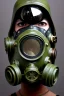 Placeholder: Steam-punk style gas-mask. Large fencing mask covers chin and cheeks. Hood. Reflective surface on face, full coverage, reflective. Black ball eyes. Head full of integrated old-fashioned cameras and phone. Army green surfaces body, latex. Perfect body, thick thighs and calves. Asa Akira's body. Wide hip, skirt bleats nicely. Partly symmetrical. Straitjacket. Rusty and decayed background. Steam-plunge air-bottles. Euclidean 3D-tiling walls. surrealistic. Oppressive atmosphe