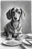 Placeholder: a highly detailed rendering of a sketch with precise, soft 6B pencil lines. a simple but anatomically correct, line drawing of a cute playful dachshund with a plate of spaghetti, high quality artistic pencil sketched art with crosshatch and shading for texture, a and Precise soft lead pencil lines. , use grayscale colors only