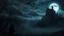 Placeholder: A dark gothic fantasy landscape at night, cinematic wide shot, a ruined gothic castle standing on top of a steep hill on the right side of the image, illuminated by a large full moon high in the sky. Thick rolling fog drifts across the ground and around the hill. Several raven silhouettes fly across the moonlit night sky. On the left side, a dark, dense forest with twisted, leafless trees. At the edge of the forest stands a lone black-hooded figure, seen from behind, fog, cinematic