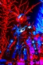 Placeholder: A seemingly sinister humanoid being made entirely of sharpened metal blades and spikes. It has glowing red eyes. The setting is a desert cave. The are impaled humans connected to a metal tree in the background. Photograph.