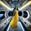 Placeholder: wide-angle photo of a woman in a yellow dress, with long glowing blue wavy hair, on a space station with views into space