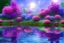 Placeholder: monde en fleurs, blue lake, flower tree-houses, concept art, crépuscule , fuksia bleu oranger, vibrant Color, réaliste, riviere bleu, tree-house bougainvillier, roses