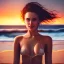 Placeholder: A very scantily clad young woman standing on the beach watching the sunset. The wind is playing with their hair.