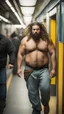 Placeholder: full figure photography of an ugly dirty gipsy burly muscular chubby stocky strong man 31 years old with raided beard, dreadlocks, manly chest, hairy , ajar mouth, photorealistic ,shirtless, bulging shorts, side light, inside a crowded subway station , neon lights